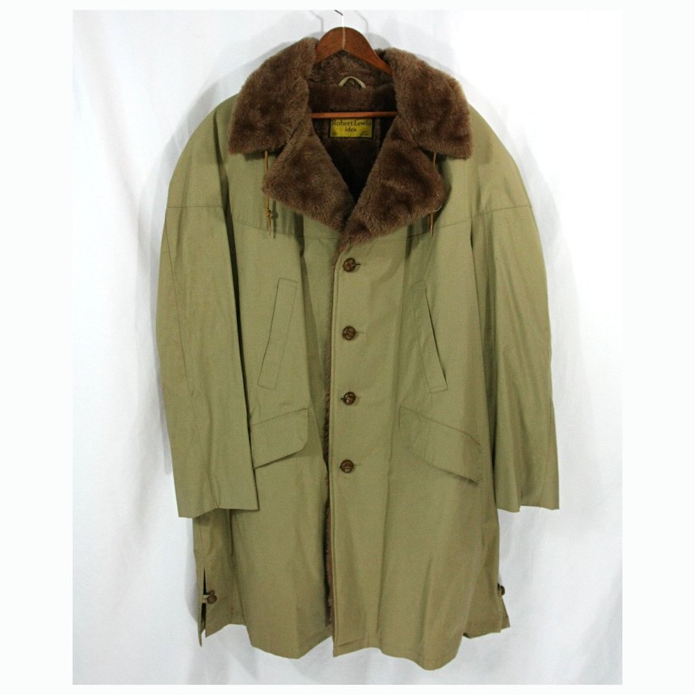 Vintage Robert Lewis Idea Faux Fur Collar Hooded Men's Tan Trench Storm Coat 46